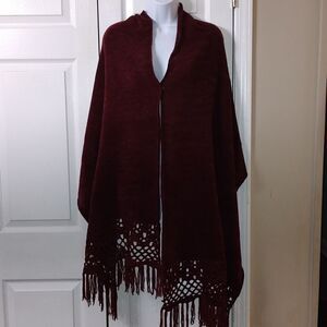 Deep Maroon Winter Shawl Wrap Crocheted Fringe